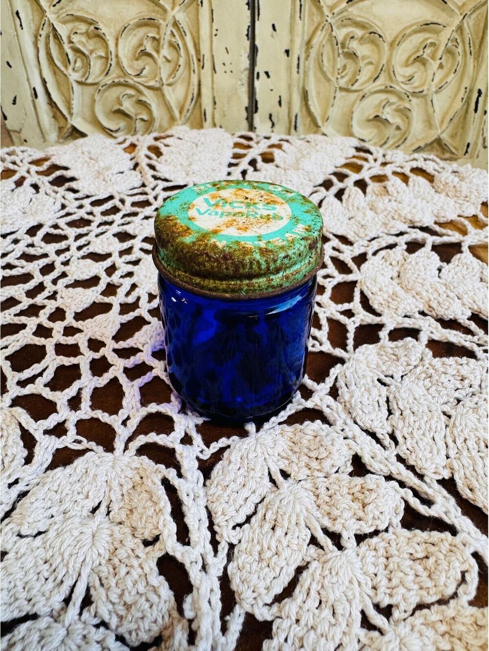 Vintage Cobalt Blue Glass Vicks VapoRub Apothecary Jar with Original Metal Lid